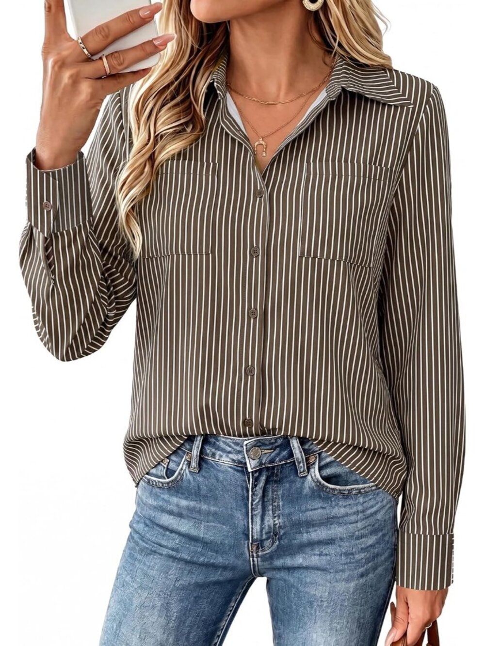 Women's Striped Brown Long Sleeve Shirts Button Down Top Pocket Casual Blouses